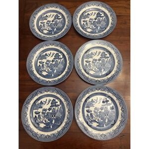 Set of 6 Vintage Churchill Blue Willow Dinner Plates 10.25" Made in England